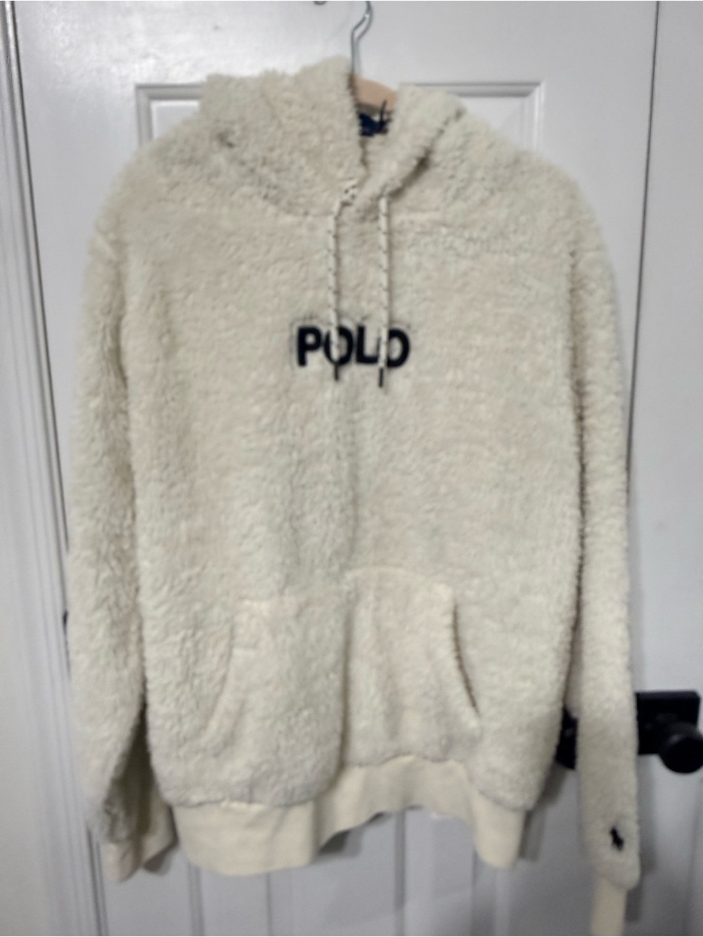 Ralph Lauren Cream Sherpa Crewneck Hoodie with Navy 'Polo' Logo